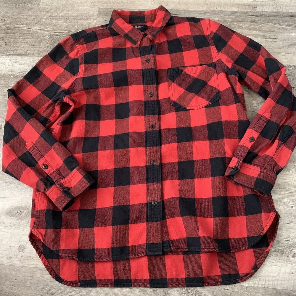 Madewell Flannel Shirt Women Large Red Buffalo Plaid Cotton Button Down Cabin